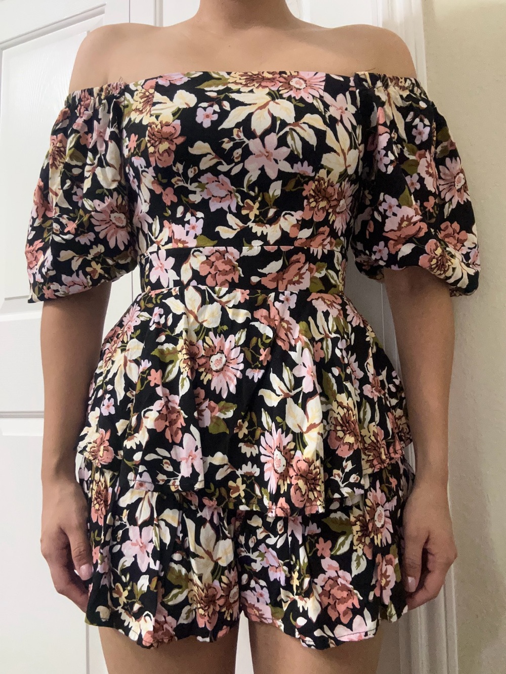 Blue Rain Black Floral Tiered Romper